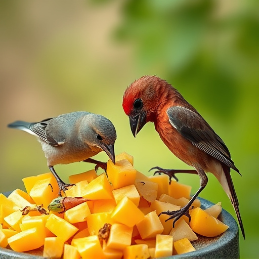 Wild birds feeding on chopped fruit
