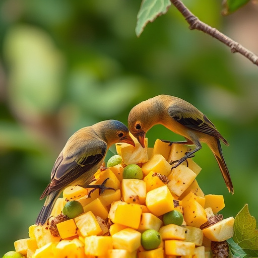 Wild birds feeding on chopped fruit