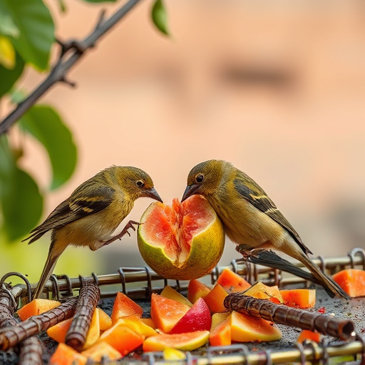Wild birds feeding on chopped fruit