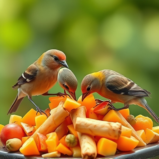 Wild birds feeding on chopped fruit