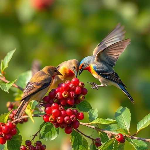 Wild birds feeding on fresh berries