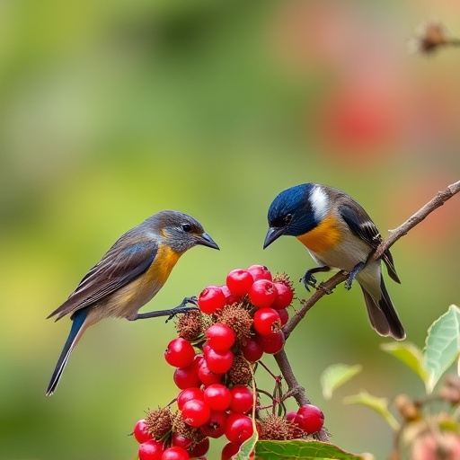 Wild birds feeding on fresh berries