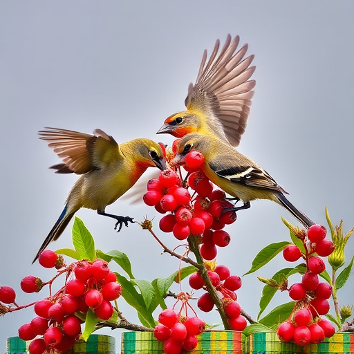 Wild birds feeding on fresh berries