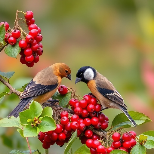 Wild birds feeding on fresh berries