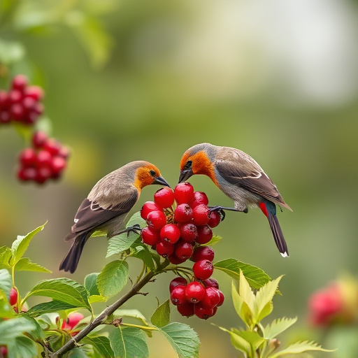 Wild birds feeding on fresh berries