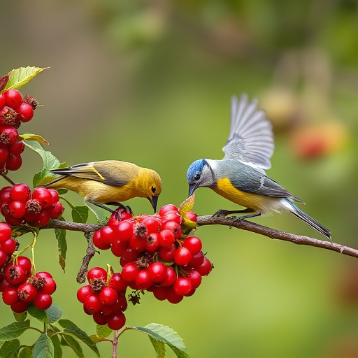 Wild birds feeding on fresh berries