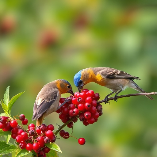 Wild birds feeding on fresh berries