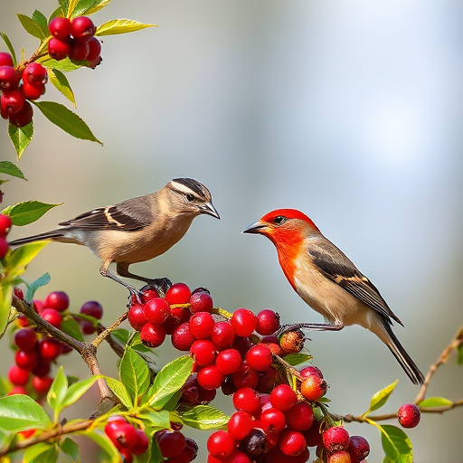 Wild birds feeding on fresh berries