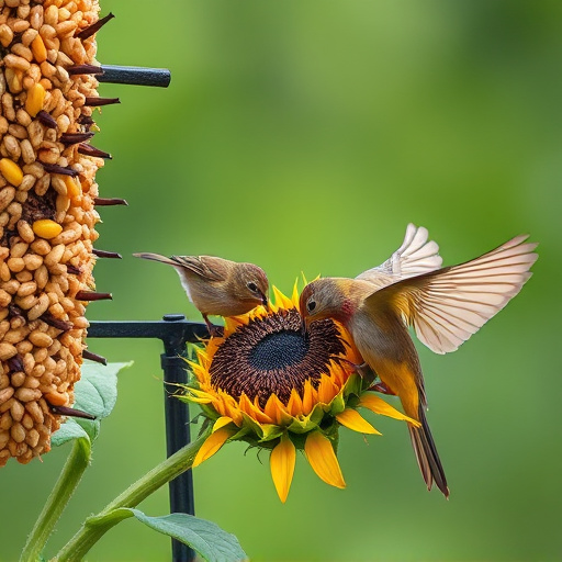 Wild birds feeding on sunflower seeds