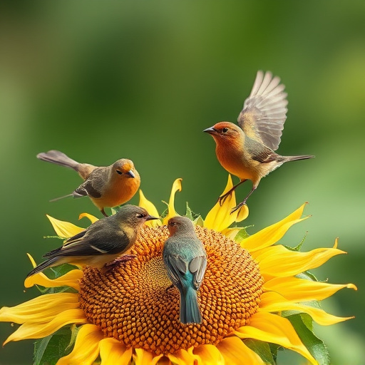 Wild birds feeding on sunflower seeds