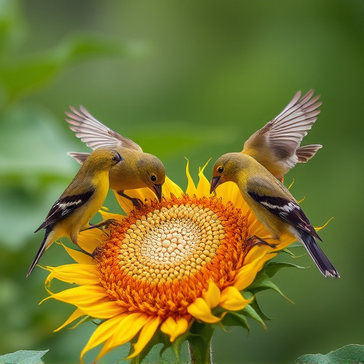 Wild birds feeding on sunflower seeds
