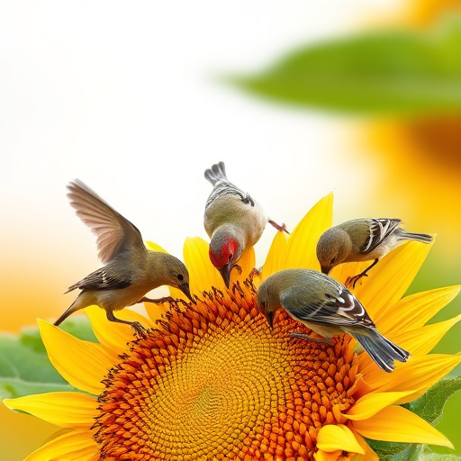 Wild birds feeding on sunflower seeds