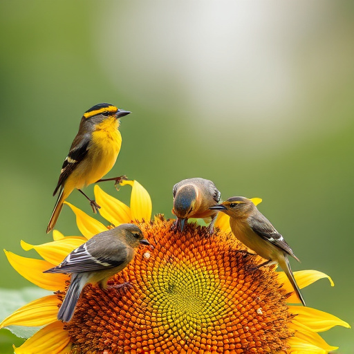 Wild birds feeding on sunflower seeds