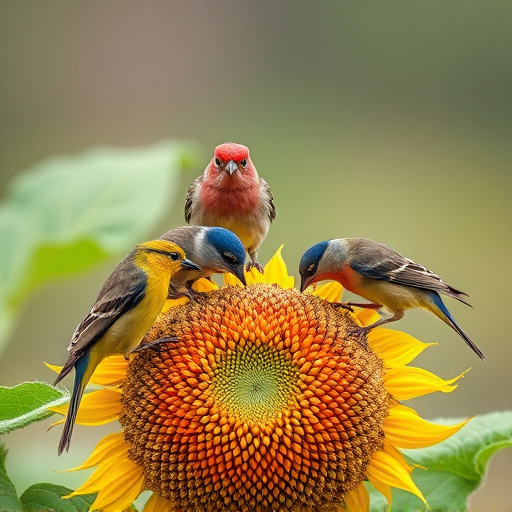 Wild birds feeding on sunflower seeds