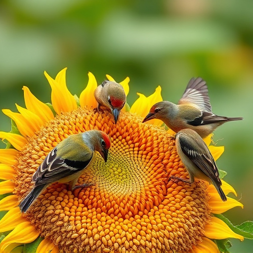 Wild birds feeding on sunflower seeds
