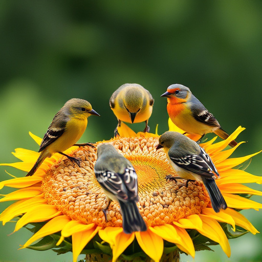 Wild birds feeding on sunflower seeds