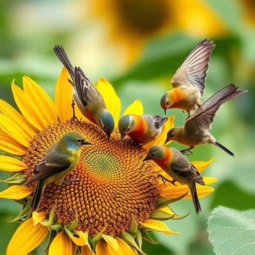 Wild birds feeding on sunflower seeds