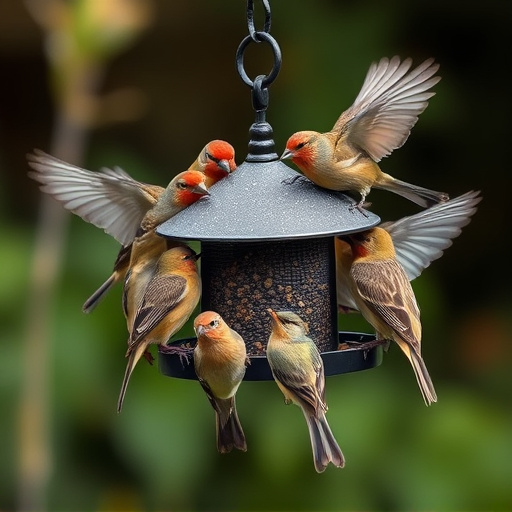Wild birds gathered around small feeder