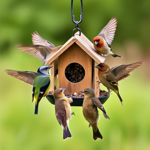 Wild birds gathered around small feeder
