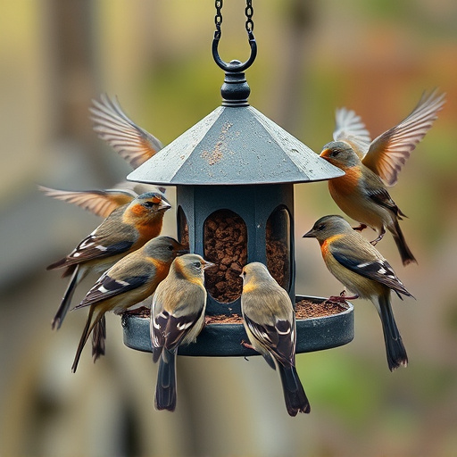 Wild birds gathered around small feeder