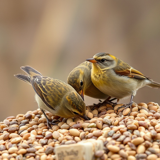 Wild birds pecking at fresh seeds