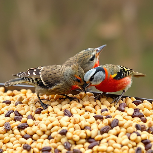 Wild birds pecking at fresh seeds