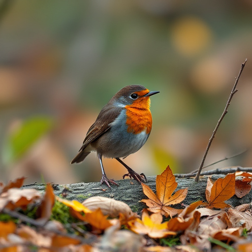 Wild robin in woodland during autumn