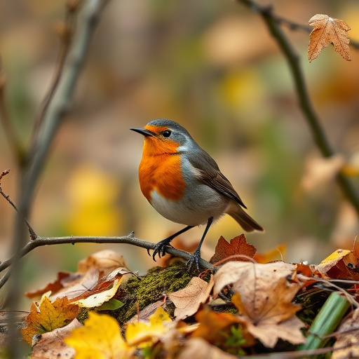 Wild robin in woodland during autumn