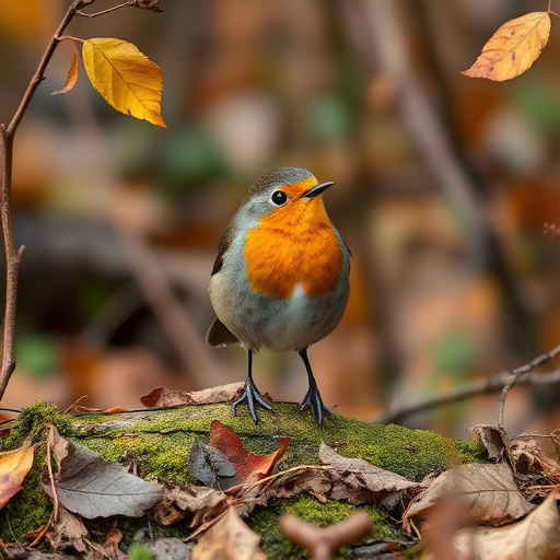 Wild robin in woodland during autumn