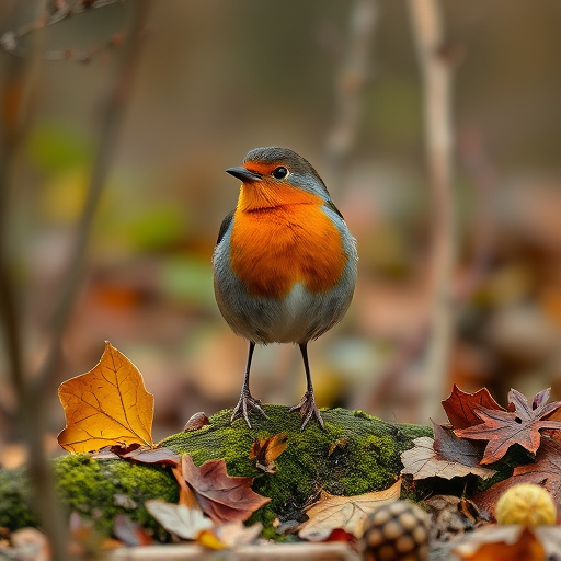 Wild robin in woodland during autumn