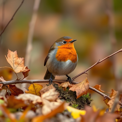 Wild robin in woodland during autumn