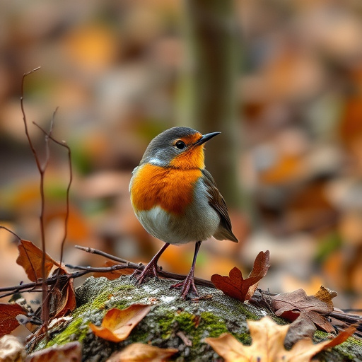 Wild robin in woodland during autumn