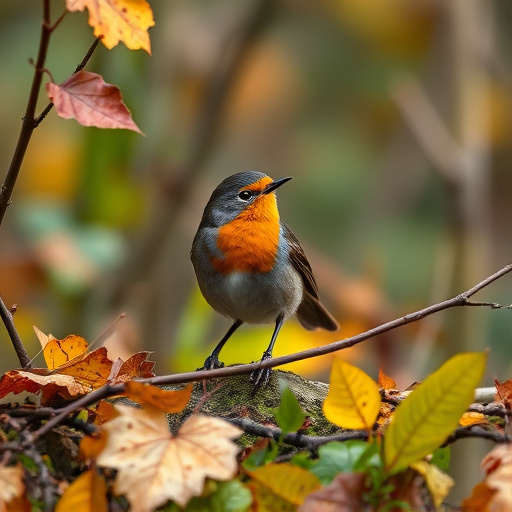 Wild robin in woodland during autumn