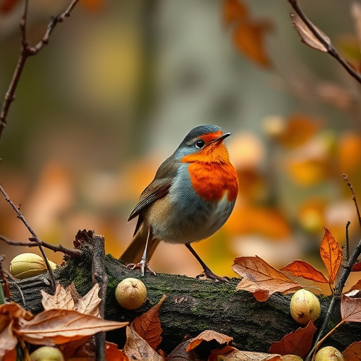 Wild robin in woodland during autumn