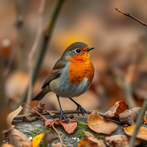 Wild robin in woodland during autumn