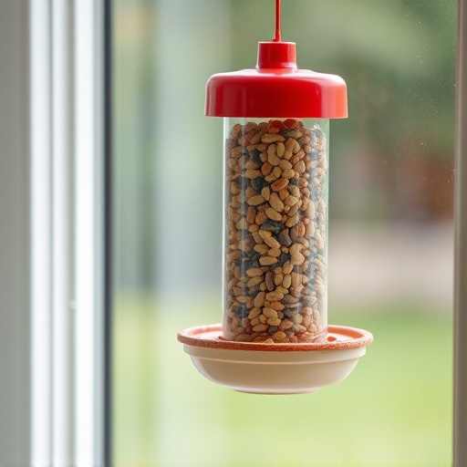 Window feeder filled with seeds outdoors