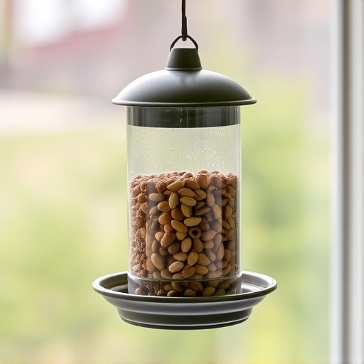 Window feeder filled with seeds outdoors