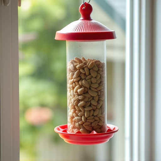 Window feeder filled with seeds outdoors