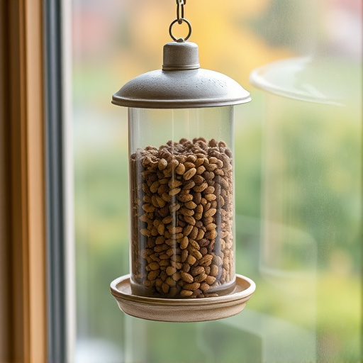 Window feeder filled with seeds outdoors