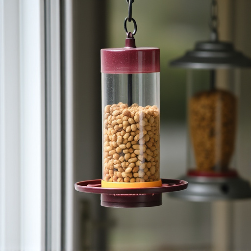 Window feeder filled with seeds outdoors