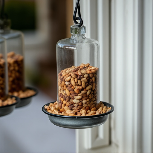 Window feeder filled with seeds outdoors