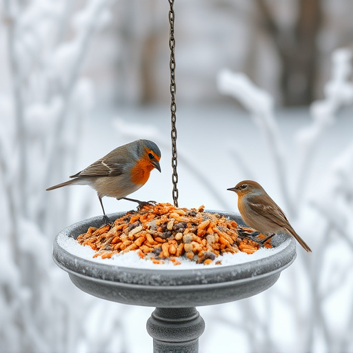 Winter bird food on frosty bird table