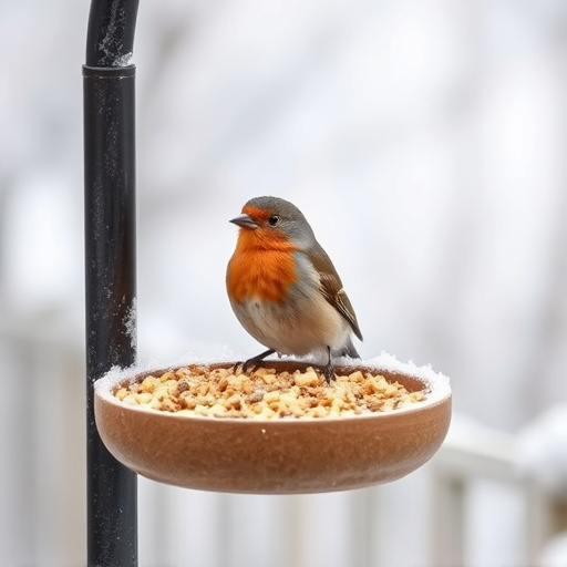 Winter bird food on frosty bird table