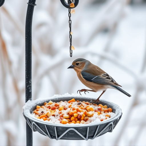Winter bird food on frosty bird table
