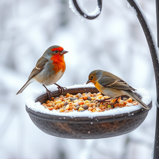 Winter bird food on frosty bird table