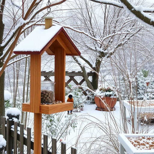 Winter garden scene with fat ball feeder