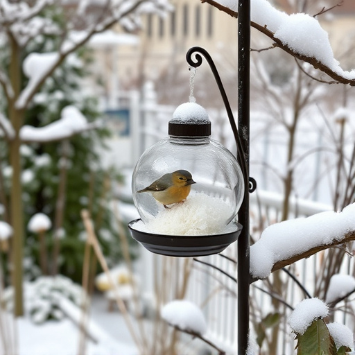 Winter garden scene with fat ball feeder