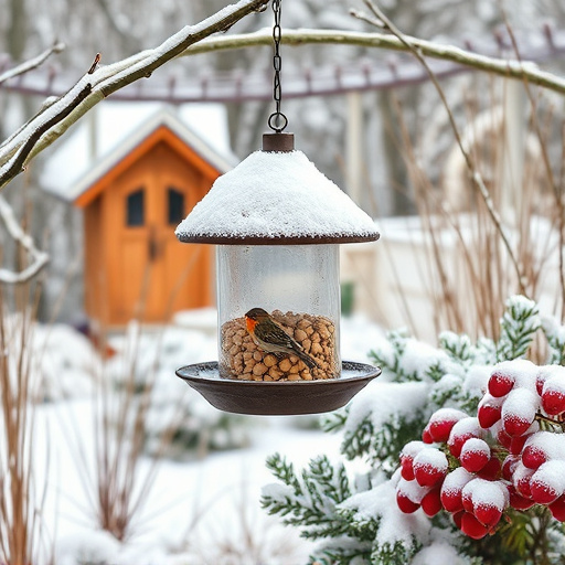 Winter garden scene with fat ball feeder