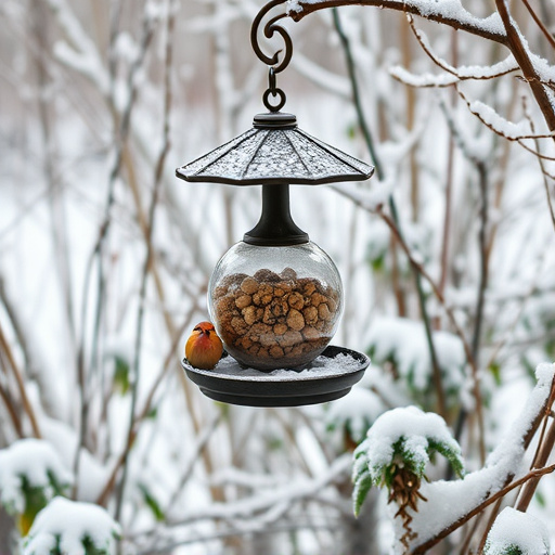 Winter garden scene with fat ball feeder