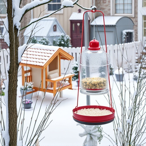 Winter garden scene with fat ball feeder